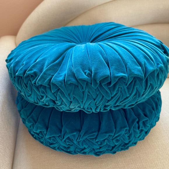 Anthropologie Round Velvet Accent Pillow Set of 2 Teal Blue 16” x 4” Like New - Picture 1 of 9